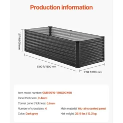 Metal Hævet Haveseng 6x3x2ft, Galvaniseret Plantekasse, Mørkegrå, Holdbar og Vandafvisende, Ideel til Udendørs Brug