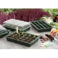 Mini drivhus - NATURE - Sæt med 4 fleksible plastikterriner - bakker med 24 celler - H11x35x23,5 cm