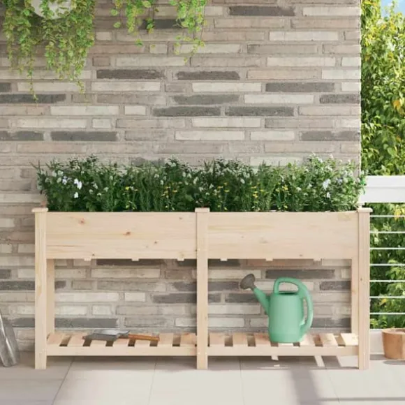 Moderne blomsterkrukke i massiv fyrretræ med hylde | Størrelse: 161x43x76.5 cm | Farve: Beige