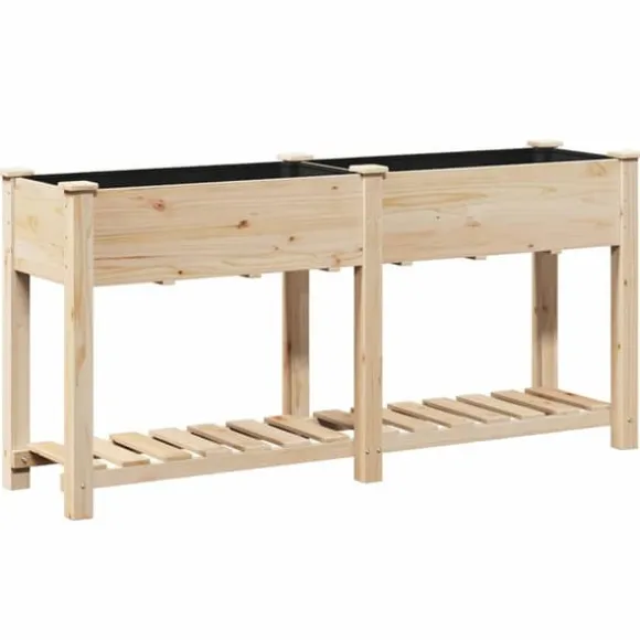 Moderne blomsterkrukke i massiv fyrretræ med hylde | Størrelse: 161x43x76.5 cm | Farve: Beige