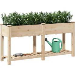 Moderne blomsterkrukke i massiv fyrretræ med hylde | Størrelse: 161x43x76.5 cm | Farve: Beige