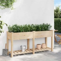 Moderne blomsterkrukke i massiv fyrretræ med hylde | Størrelse: 161x43x76.5 cm | Farve: Beige