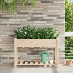 Moderne Blomsterkrukke i Massivt Fyrretræ med Hylde | Farve: Beige | Størrelse: 115 x 59 x 76.5 cm