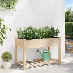 Moderne Blomsterkrukke i Massivt Fyrretræ med Hylde | Farve: Beige | Størrelse: 115 x 59 x 76.5 cm