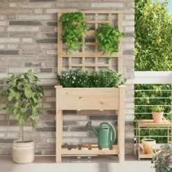 Moderne havekasse med espalier og hylde - Rektangulær | Farve: Beige | Størrelse: 71x38x152 cm