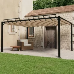 Moderne pavillon med lameltag 3x4 m - Aluminium & stof | Farve: Gråbrun