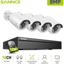 8MP CCTV Overvågningssystem, PoE, Smart Detektion, To-Vejs Lyd,4 stykker 2TB