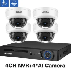 8MP 4K Sikkerhedskamera System, AI Ansigtsgenkendelse, Nattesyn,4CH NVR 4 AI kamera, Ingen