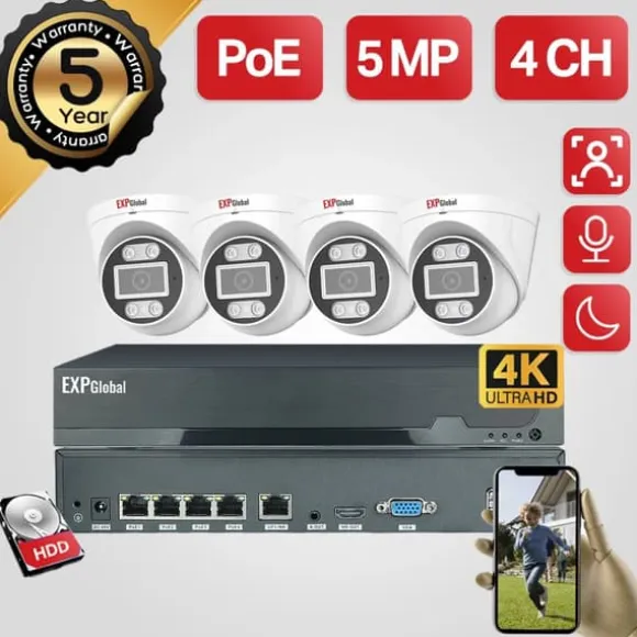 5MP POE CCTV Kamera System, 4 Kanal Video Indgang, Infrarød Nattesyn,1T, 4CH 4 Dome Kamera