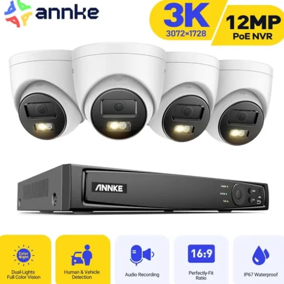 12MP Sikkerhedskamerasystem, Ultra HD Opløsning, Avanceret Bevægelsesregistrering,1T1T, 4 stk. 3K type 1
