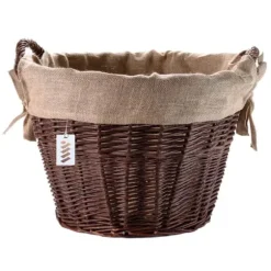 Mørk flettet gårdkurv til høst af frugt, grøntsager, kartofler, urtepotte, ballon, 30 cm, jute, fastgjort med stropper