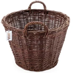 Mørk flettet gårdkurv til høst af frugt, grøntsager, kartofler, urtepotte, ballon, 30 cm, jute, fastgjort med stropper