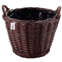 Mørk flettet gårdkurv til høst af frugt, grøntsager, kartofler, urtepotte, ballon, 45 cm, jute, fastgjort med stropper