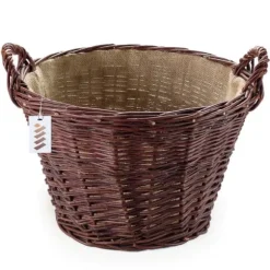 Mørk flettet gårdkurv til høst af frugt, grøntsager, kartofler, urtepotte, ballon, 45 cm, jute, fastgjort med stropper