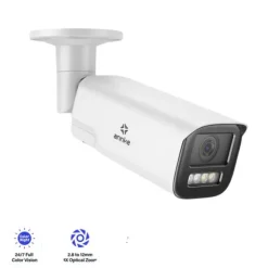 Netværkskamera, 8MP opløsning, 2,8 til 12 mm varifokal linse, IP67 vandtæt rating, understøtter PoE, tovejslyd