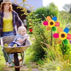 OBOSOE 4 stk Havepinde - Glitter Solsikke Vindklokke, Plastik Regnbue Vindhjul, DIY Vindmølle til Have, Altan & Udendørs Dekoration