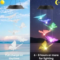 OBOSOE Butterfly Solar Powered Wind Chime – Farverig LED-belysning, IP44 vandtæt dekoration til have og terrasse