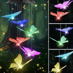 OBOSOE Butterfly Solar Powered Wind Chime – Farverig LED-belysning, IP44 vandtæt dekoration til have og terrasse
