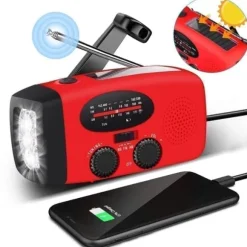 OBOSOE Krank Radio med Solceller, Lommelygte og 2000mAh Powerbank SOS, Rød