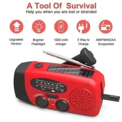 OBOSOE Krank Radio med Solceller, Lommelygte og 2000mAh Powerbank SOS, Rød