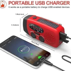 OBOSOE Krank Radio med Solceller, Lommelygte og 2000mAh Powerbank SOS, Rød