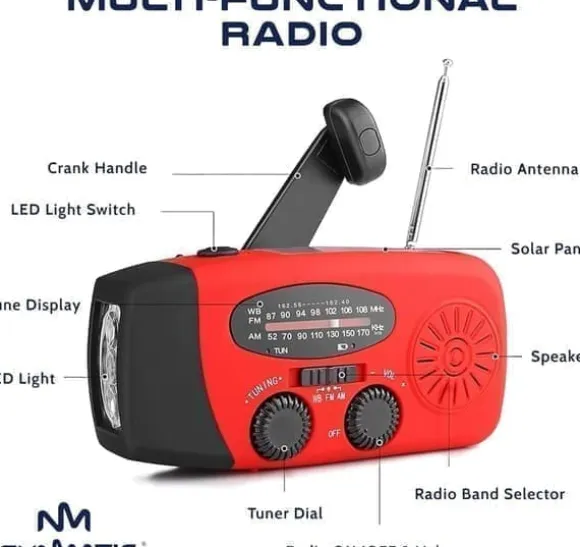 OBOSOE Krankradio med solceller, LED lommelygte og 2000mAh Powerbank SOS SUNMATIC - Vejrradio til hjemmet og camping nødsituationer med AM/FM radio