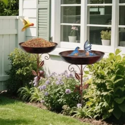 OBOSOE Metal Fuglebad 76 cm – Stabil 5-delt base og aftagelig stang, vintage design til have, terrasse og græsplæne