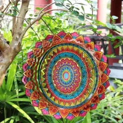 OBOSOE 2-pak 3D roterende mandala-vindspil – 15 cm mandala-dekoration til have og indendørs brug, flerfarvet