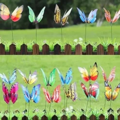 OBOSOE 52-pak havedekoration – 3D PVC sommerfugle på pinde og guldsmede med clips, til udendørs blomster- og altandekoration