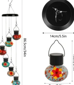 OBOSOE Solar Hummingbird Feeder med vindklokke – 6 lækagesikre glasdøre, matteret design og flerfarvet natlys