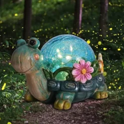 OBOSOE Solar Lamp Turtle Udendørs Statue – Havedekoration med revnet glas til terrasse