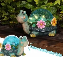 OBOSOE Solar Lamp Turtle Udendørs Statue – Havedekoration med revnet glas til terrasse