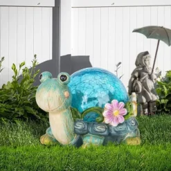OBOSOE Solar Lamp Turtle Udendørs Statue – Havedekoration med revnet glas til terrasse