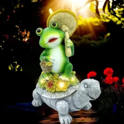 OBOSOE Solar Lampe Have Ornament Skildpadde & Frø – Udendørs Statue til Patio & Balkon