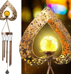 OBOSOE Solcelledrevet Vindklokke med LED-lys - Dyb tone & hjerteformet design | Sprækket glaskugle der reflekterer lys