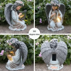 OBOSOE soldrevet englestatue med harpe have dekoration led lys udendørs figur til have og balkon