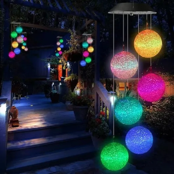 OBOSOE soldrevet vindklokke – 6 LED-lyskugler med farveskift og IP44 vandtæt design