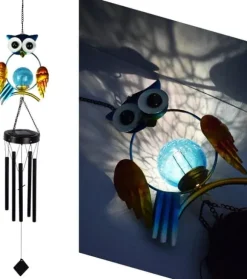 OBOSOE Solpowerad Owl Wind Chime - 100 cm Vandtæt Aluminium/Jern Wind Chime | Fjernophængt dekoration til have og udendørs
