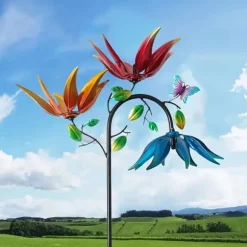 OBOSOE vinddrevet blomstervindmølle – farverig havedekoration, haveornament, udendørs skulptur