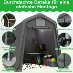 Opbevaringsskur 245x183x217 cm grå – alsidig som redskabsskur, cykelskur eller carport, vandafvisende PE-materiale med rullegardiner