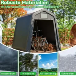 Opbevaringsskur 245x183x217 cm grå – alsidig som redskabsskur, cykelskur eller carport, vandafvisende PE-materiale med rullegardiner