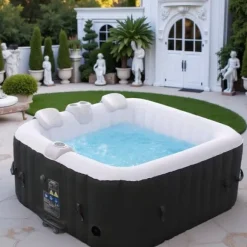 Oppustelig jacuzzi – 4 personer – 180 x 180 x 63 cm – 799L – Rund – 120 massagedyser – Til indendørs og udendørs brug – Med varme, isolerende overtræk | CDON