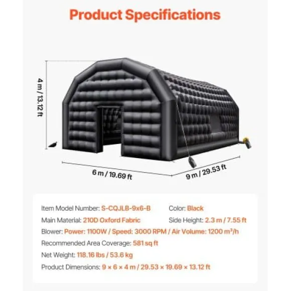 Oppustelig natklub 9x6x4 m sort, Oxford-stof