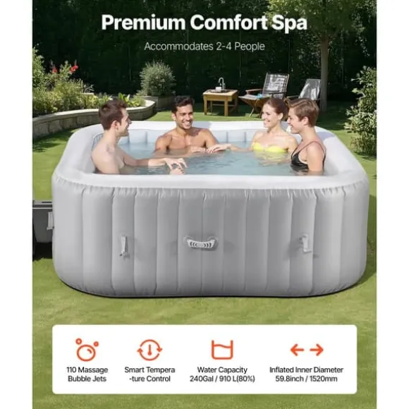 Oppusteligt Spa, 4-6 Personer, 1850 x 660 mm, Firkantet Bærbar, Udendørs Brug, Robust Og Komfortabel