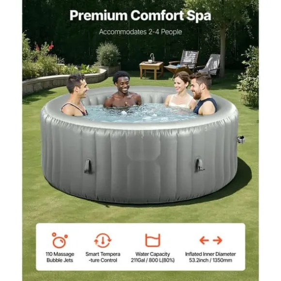 Oppusteligt Spabad 2-4 Personer, 1800x660 mm Rund, Bærbar Udendørs Spa, Komfortabel og Slidstærk