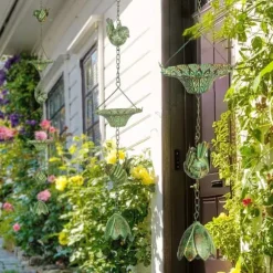 Outsunny 3 stk. Grøn Regnkæde i Metal - 123cm - Med Kolibri & Lotusklokke Dekoration - Til Tagrender