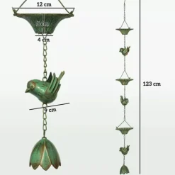 Outsunny 3 stk. Grøn Regnkæde i Metal - 123cm - Med Kolibri & Lotusklokke Dekoration - Til Tagrender