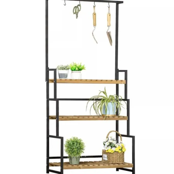 Outsunny Blomsterhylde med 3 niveauer, Naturtræ & Metal, 80x36x174cm
