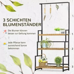 Outsunny Blomsterhylde med 3 niveauer, Naturtræ & Metal, 80x36x174cm