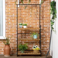 Outsunny Blomsterhylde med 3 niveauer, Naturtræ & Metal, 80x36x174cm